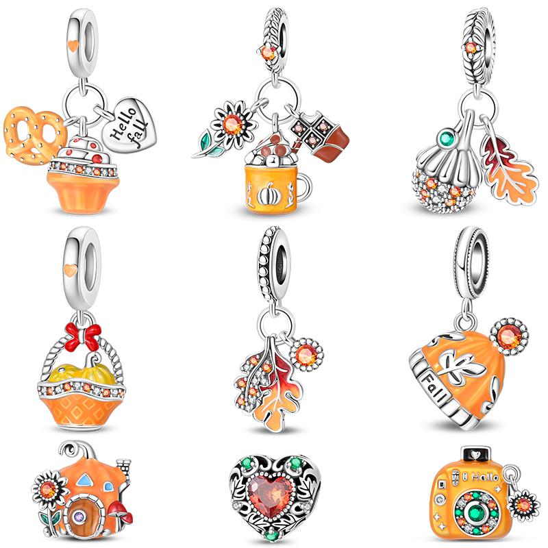 Original S925 Silver Plated Autumn Maple Leaf Pumpkin Camera Charm Beads Fit DIY Bracelet Fine Birthday Jewelry Gifts