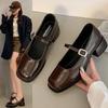 Women's Retro French Mary Jane Square Toe Leather Shoes, 2025 Spring/Autumn, Chunky Heel, Versatile Low-Cut for Skirts