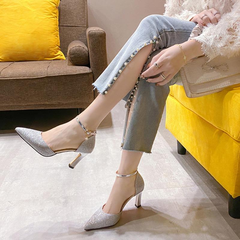 2024 Новые женские туфли-лодочки, модные дизайнерские сексуальные босоножки с ремешком на щиколотке, женские туфли с острым носком на тонком каблуке для вечеринки и свадьбы, однотонные высокие каблуки