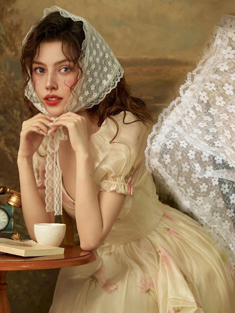 Lace Flower Elegant Sweet Women's White Triangle Scarf –Lightweight&Breathable with Ribbon,Artistic Style for Travel Photography