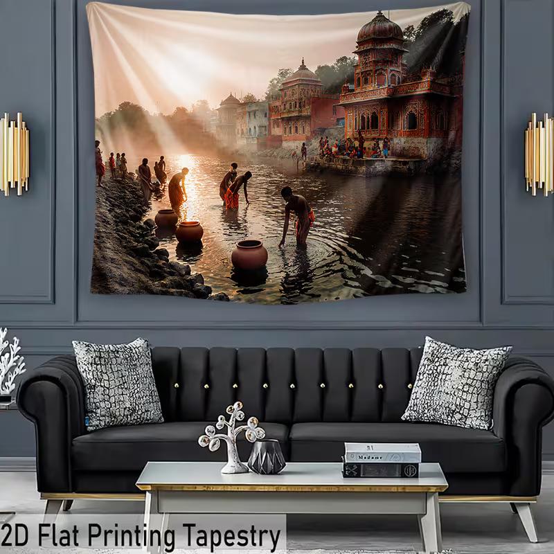 2D Artistic Indian Ghats Tapestry for Ethnic Content Creation & Home Decor