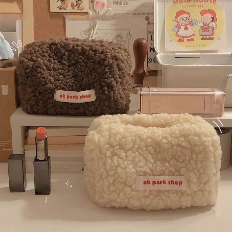 Lamb Hair Cosmetic Bag Plush Storage Bag Cute Stationery Bag Large Capacity Stationery Cosmetic Storage Bag
