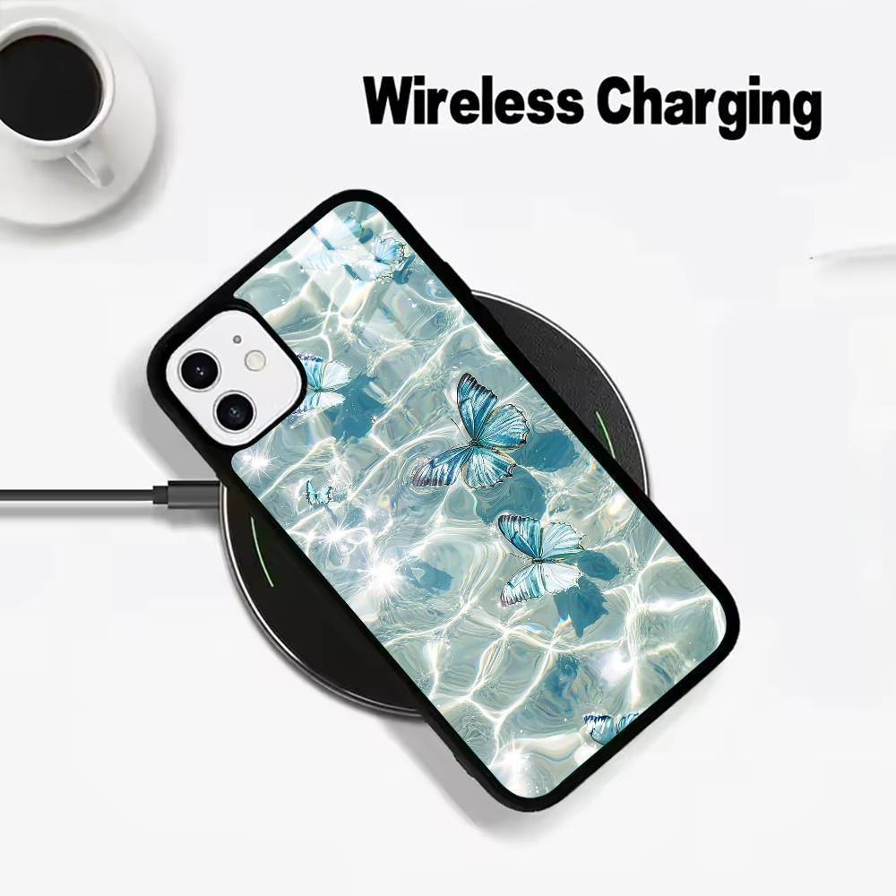 Blue Butterfly Ocean wave For IPhone17 16 15 14 13 12 11 Plus Pro Max Plus Wireless Charger Phone Case