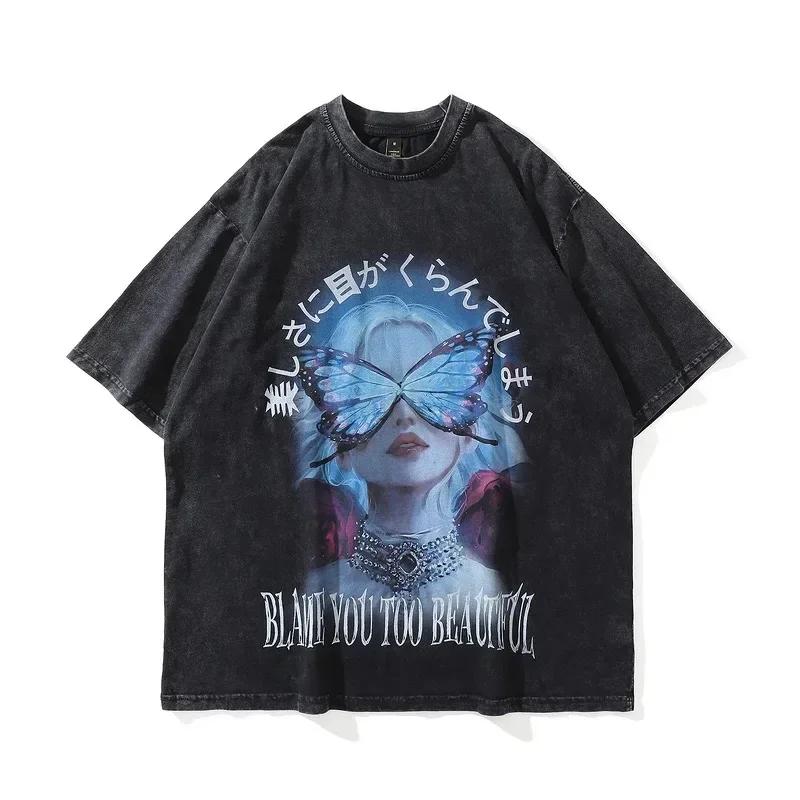 Streetwear T shirt Men Women Graphic Butterfly Printed Oversized Vintage Washed Cotton Fashion Harajuku T shirt