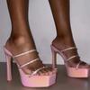 Модные босоножки на платформе 5 см для женщин 2024 года, сексуальные модные узкие ромбовидные туфли без застежек на высоком толстом каблуке 15 см, туфли-мюли для вечеринок
