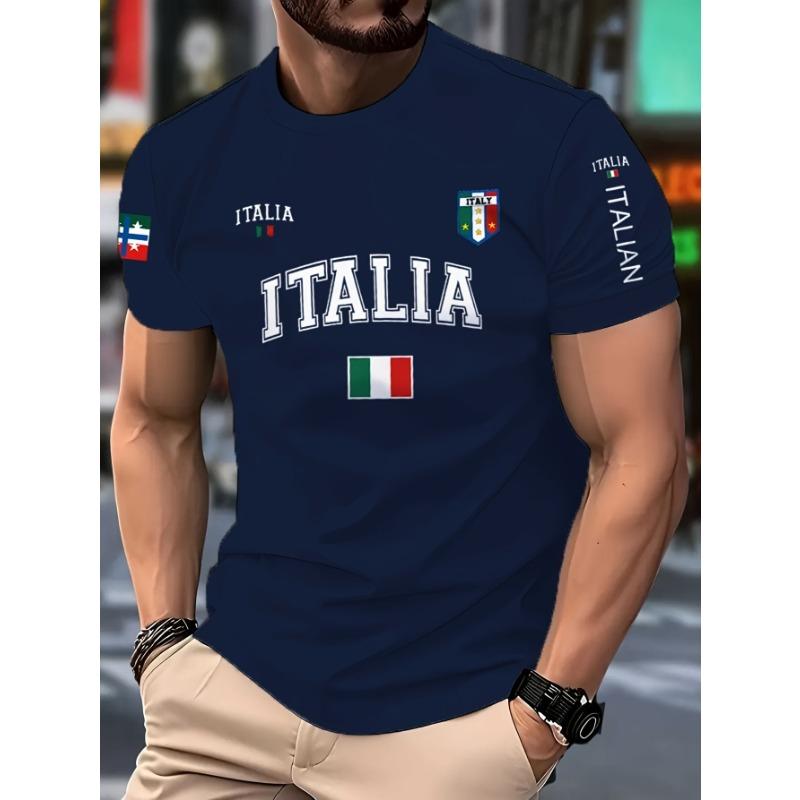 Men's Casual Short Sleeved T-shirt - Italian Flag and ITALIA Big Print
