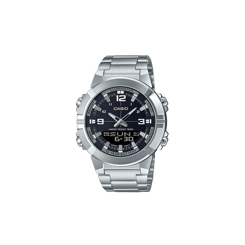 Casio Серия YOUTH - дисковый двойной дисплей СТАНДАРТНЫЙ цифровой двойной дисплей с указателем мощности серия Кварцевые часы на стальном ремешке мужские черный циферблат AMW-870D-1A