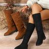 Fashion Pleated Boots Women Faux Suede Flock Knee High Boots 2024 Winter Women Fashion Slip On Square Low Heel Knight Booties Mujer
