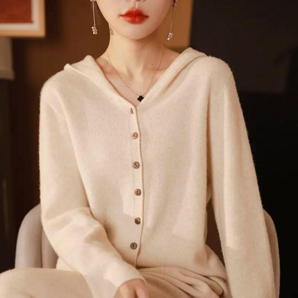 Women's 2023 Wool Knit Hooded Cardigan - Long Sleeve, Loose Fit, Hong Kong Style for Autumn/Winter