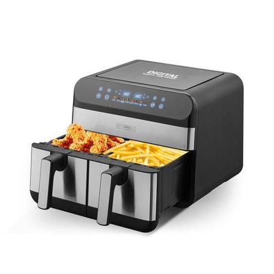 KitchenCook Безмасляная фритюрница с двумя чашами - 9 литров - 2400 Вт - 8 программ - Таймер - Регулируемый термостат - Нержавеющая сталь