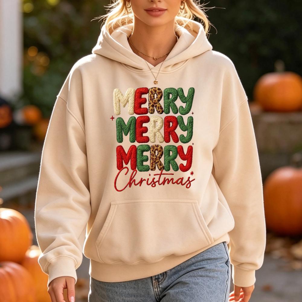 Merry Christmas Leopard Letter Print Hoodies Women Autumn Winter Holiday Festive Graphic Pocket Hooded Sweatshirt Outerwear