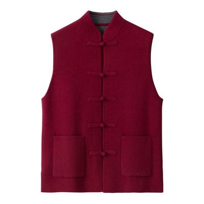 100% Чистый Кашемир Воротник-мандарин Красная Застежка-лягушка Безрукавный Кардиган-жилет