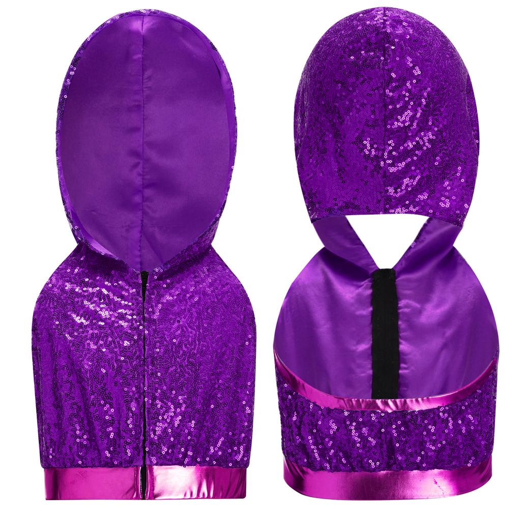 Sleeveless Backless Hooded Crop Top for Girls: Front Zipper Sparkling Sequins Dancewear for Hip-Hop Jazz Performance