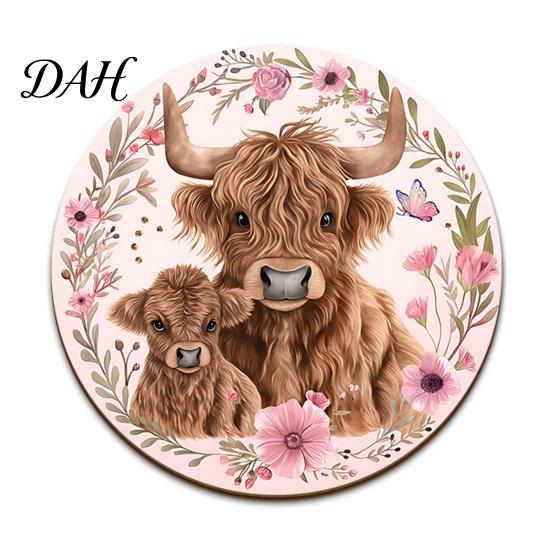 Highland Cow Coasters for Drinks Cork Coasters, Cute Floral Farmhouse Drink Mats with Decorative Home Kitchen Accessories Non-Slip Base, Heat