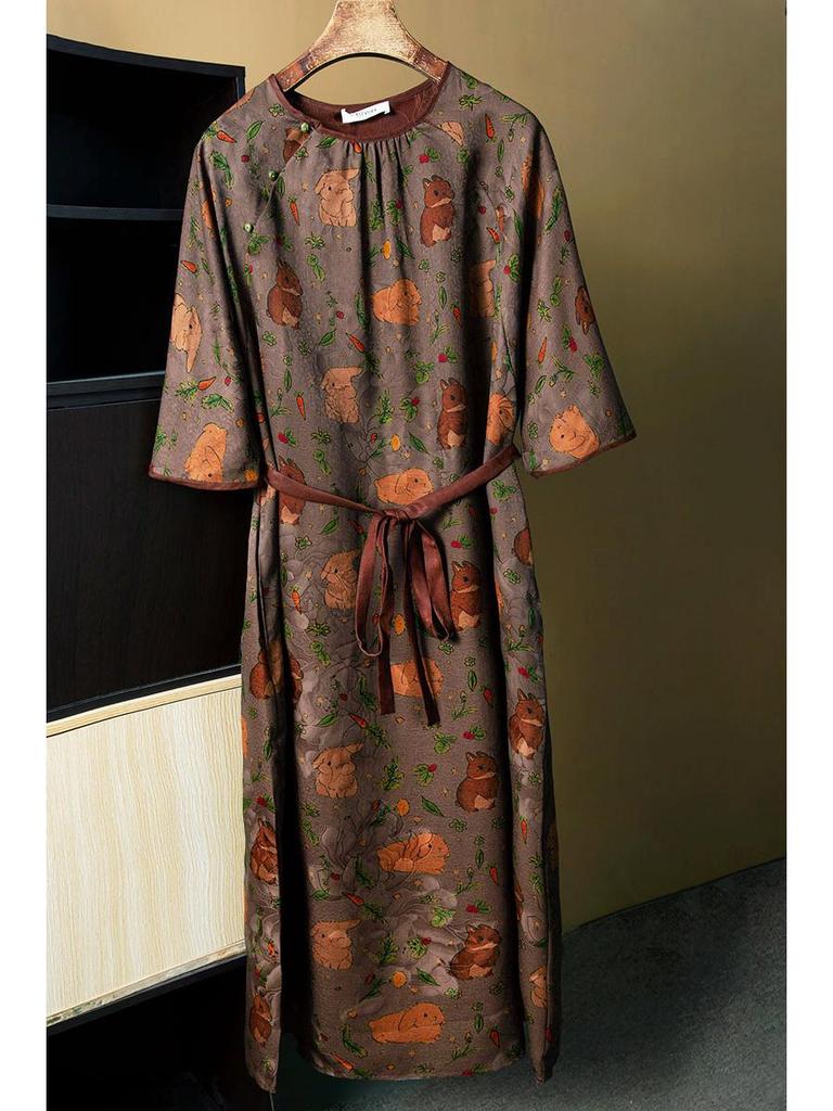Xiangyunsha National Style Jacquard Dress: Mulberry Silk Red Cloud Gauze with Tie Waist.