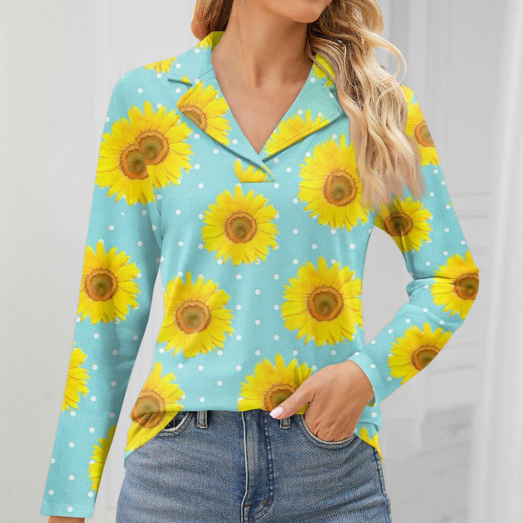 Women's Fashion Leisure Long Sleeve V Neck Flower Printing Top