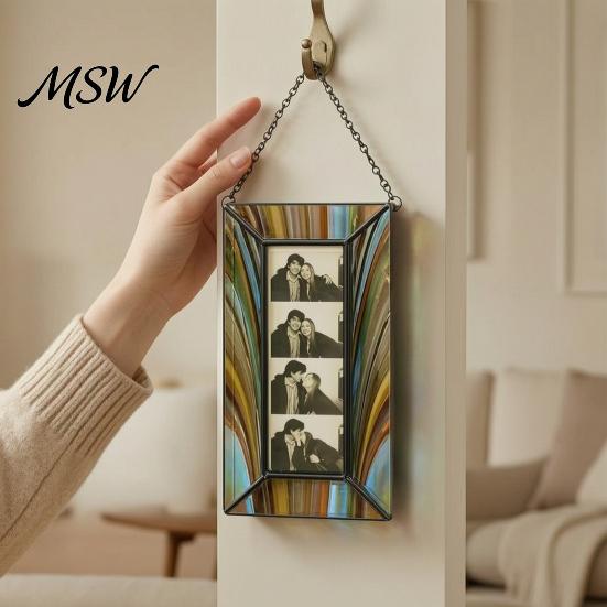 Snapshot Display Frame Acrylic Photo Light Catcher, Retro Stained Glass Style Hanging Holiday Commemorative Keepsake with Chain, Transparent