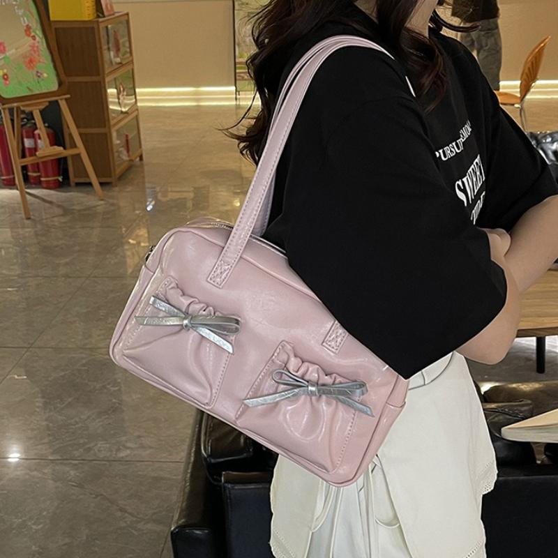 Simple Bow Women Bowling Shoulder Bags Thread Design Commuter Ladies Handbags Tote Solid Color College Style Girls Underarm Bag