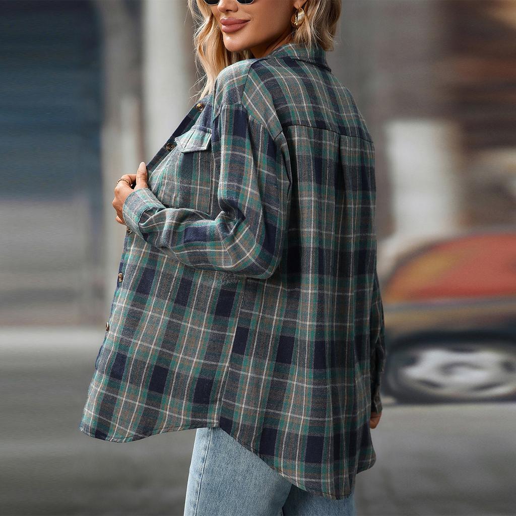 Женская повседневная модная свободная клетчатая рубашка с карманом, топы с длинным рукавом