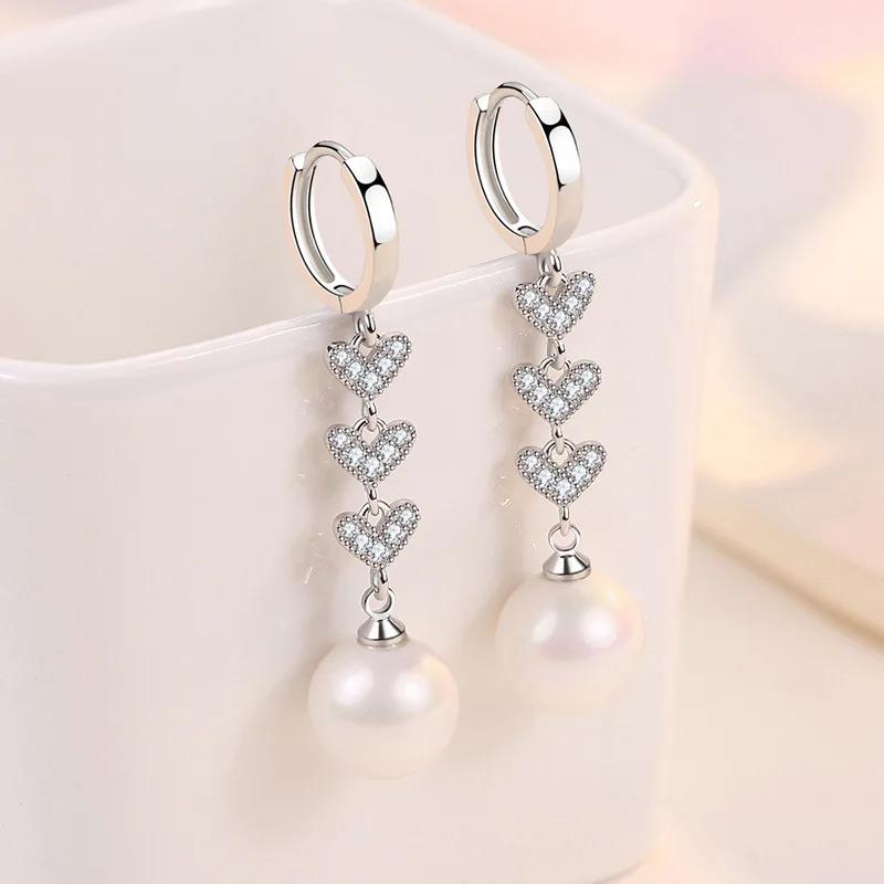 Изысканные женские жемчужные серьги Стерлинговое серебро Сердце к сердцу Инкрустированные цирконами Серьги для женщин Длинная кисточка Заявление