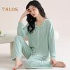 2 Pcs/Set Women Pajamas Suit with Chest Pads Long Sleeves Loose Solid Color Top Elastic Waist Wide Leg Sleepwear Spring Fall Homewear Clothes