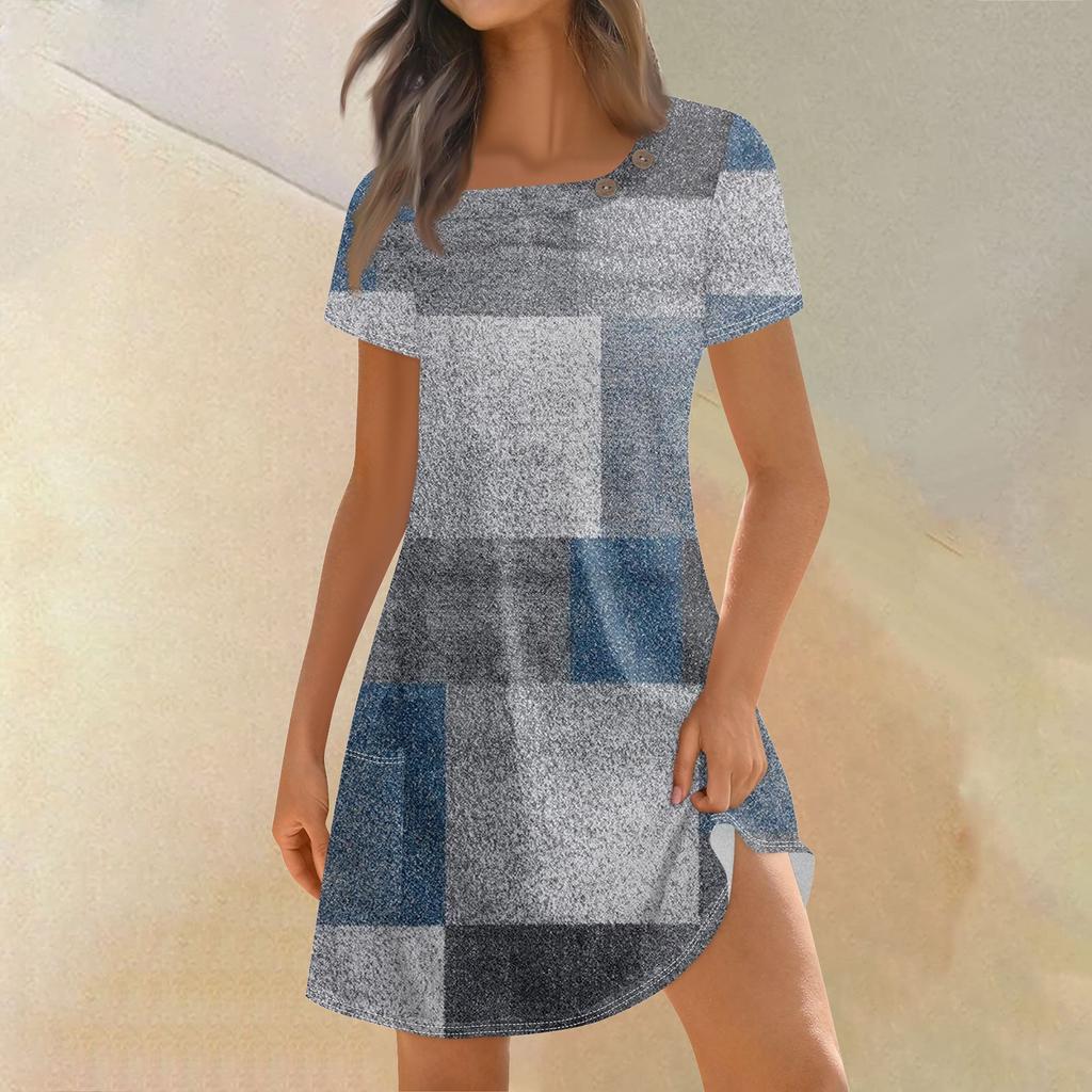 Женская мода, летние платья с квадратным вырезом и коротким рукавом, повседневные свободные платья с карманами и пуговицами в стиле пэчворк с принтом