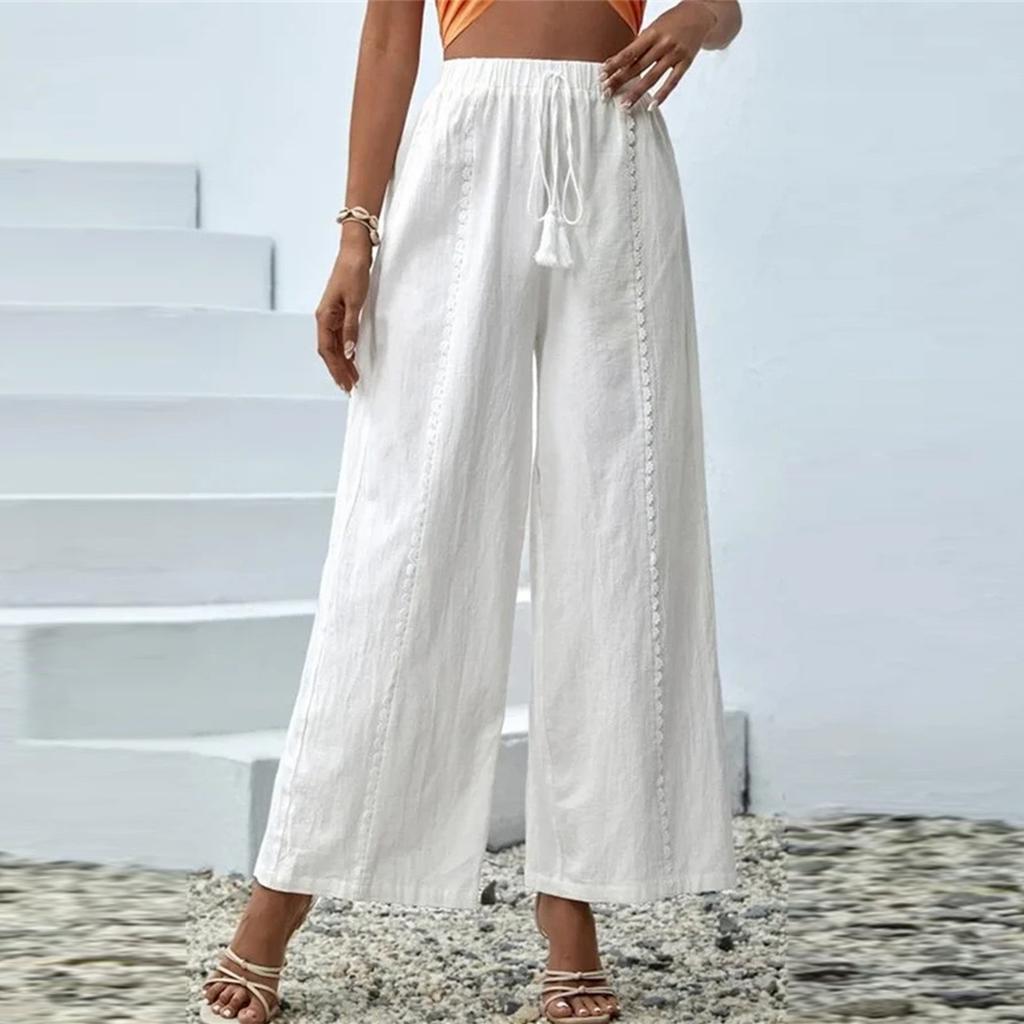 Однотонные хлопковые и льняные женские свободные повседневные брюки с кисточками, широкие брюки