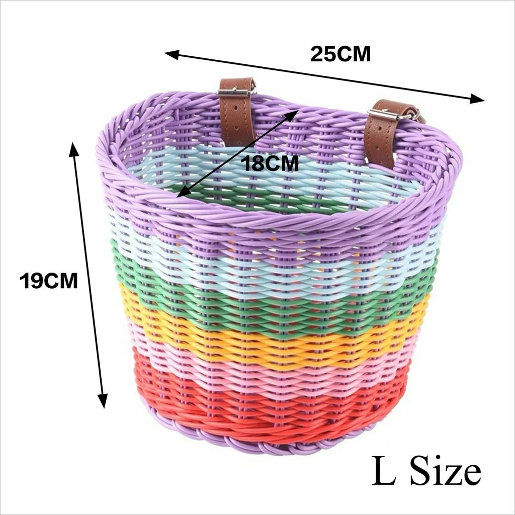 Корзина для велосипеда радужных цветов для ребенка, передняя корзина на руль из ротанга для пикника, пластиковая велосипедная сумка, держатель для воды, сумка-багажник для велосипеда для кукол