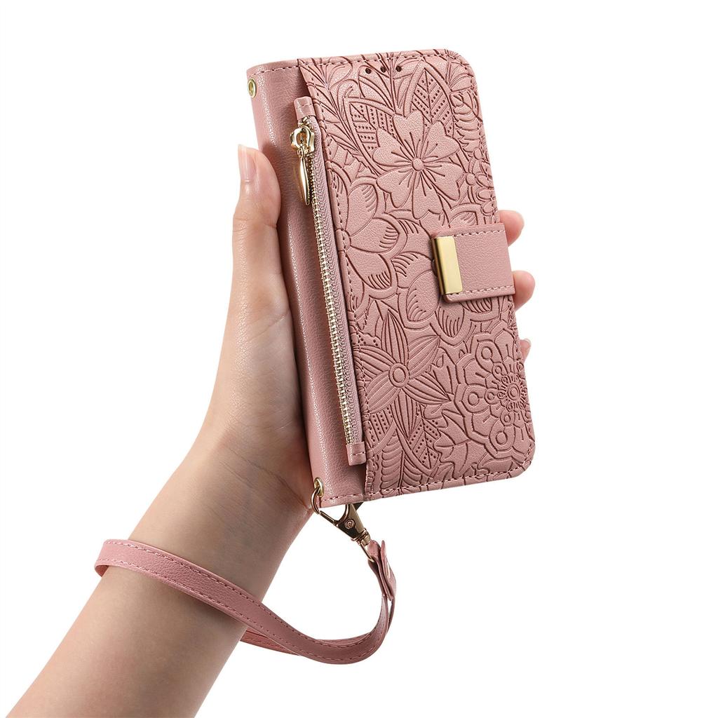 Для Samsung Galaxy S25 Чехол-бампер Цветочный узор с листьями Множество слотов для карт Молния Кожаный чехол для телефона с ремешком на запястье