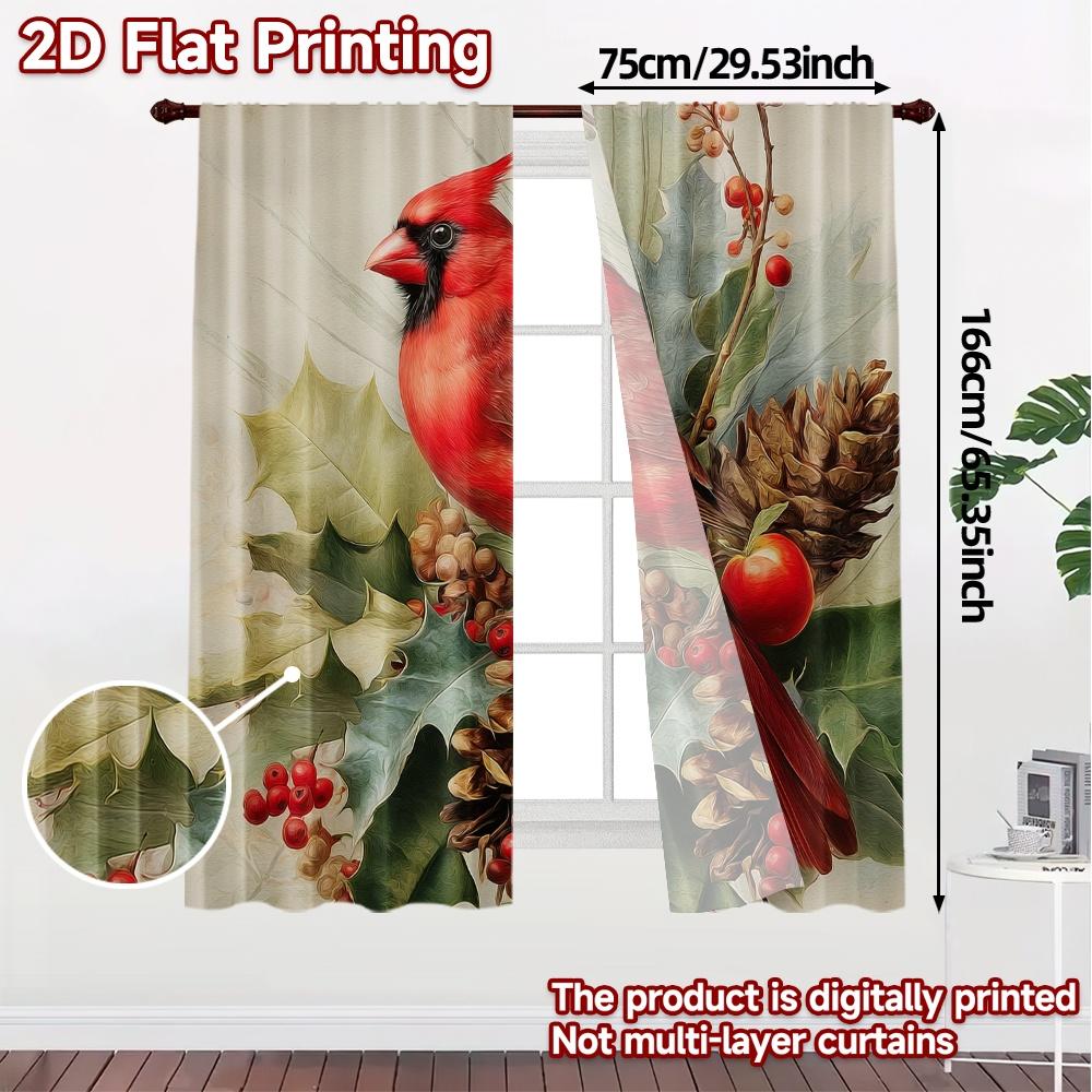 2pcs,Curtains Cardinals Christmas wreath Modern Curtains Roller Blinds Durable 100% Polyester Fabric Curtains All Seasons