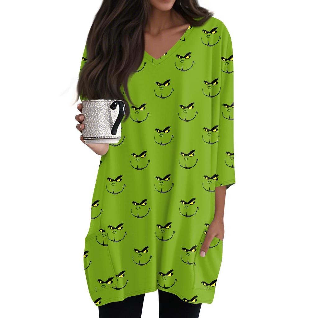 Женские топы с V-образным вырезом и рукавом 3/4, повседневные блузки средней длины, модные туники с рождественским принтом и карманами