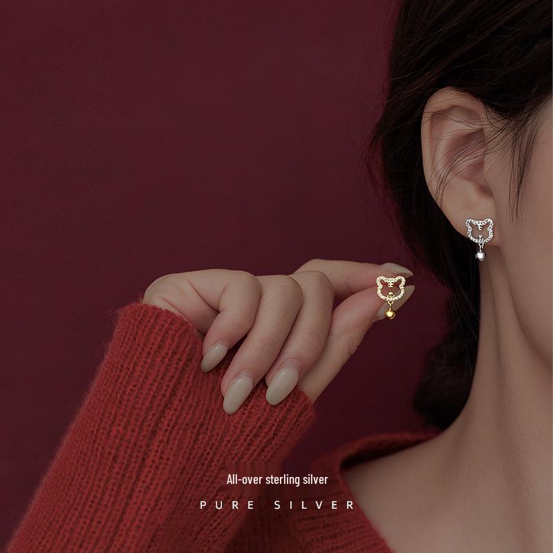 Серьги из серебра 925 пробы 'Зодиакальный Тигр' для женщин - в японском и корейском стиле с колокольчиками и бриллиантами