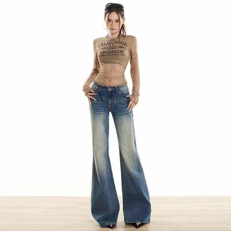 American retro micro-pull jeans women's autumn and winter new low-rise elastic wide-leg thin-looking flared pants without sticking to the legs