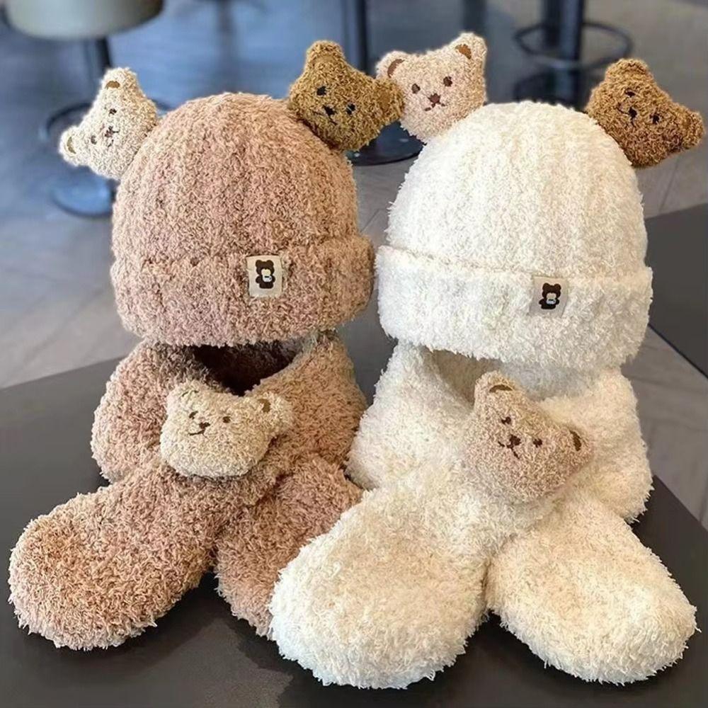 Fluffy Bear Kids Hat Scarf Set Windproof Warmer Warm Bonnet Cute Pullover Cap Autumn Winter