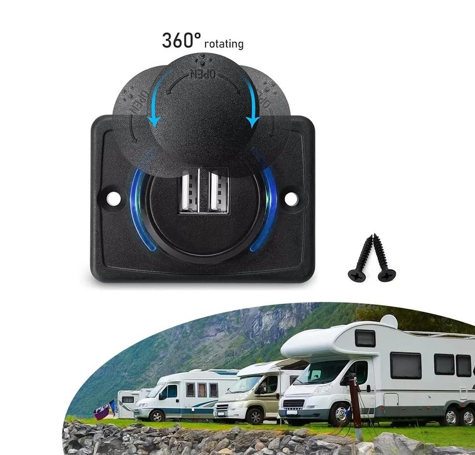 Dual USB 3.0 Car Charger Socket with Blue Indicator Light and Cap 12/24V Power Outlet for Car Boat Vehicle Bus RV ATV Phone Charger Adapter Panel