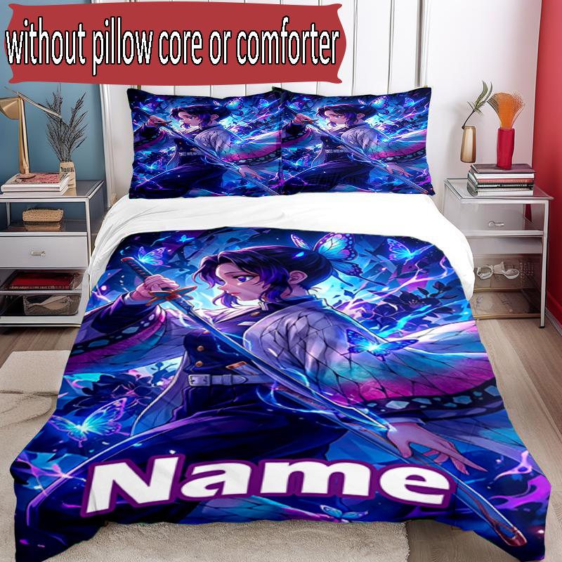 3pcs Duvet Cover Set (1*Duvet Cover + 2*Pillowcase, Without Core), Custom Name Demon Slayer Pattern Bedding Set, Home Bedroom Decor Gift