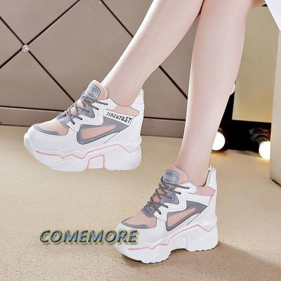 Новые белые кроссовки на высоком каблуке, женские туфли на толстой подошве, спортивная обувь на танкетке, розовая платформа, женская обувь для тенниса, весна-осень, на толстой подошве