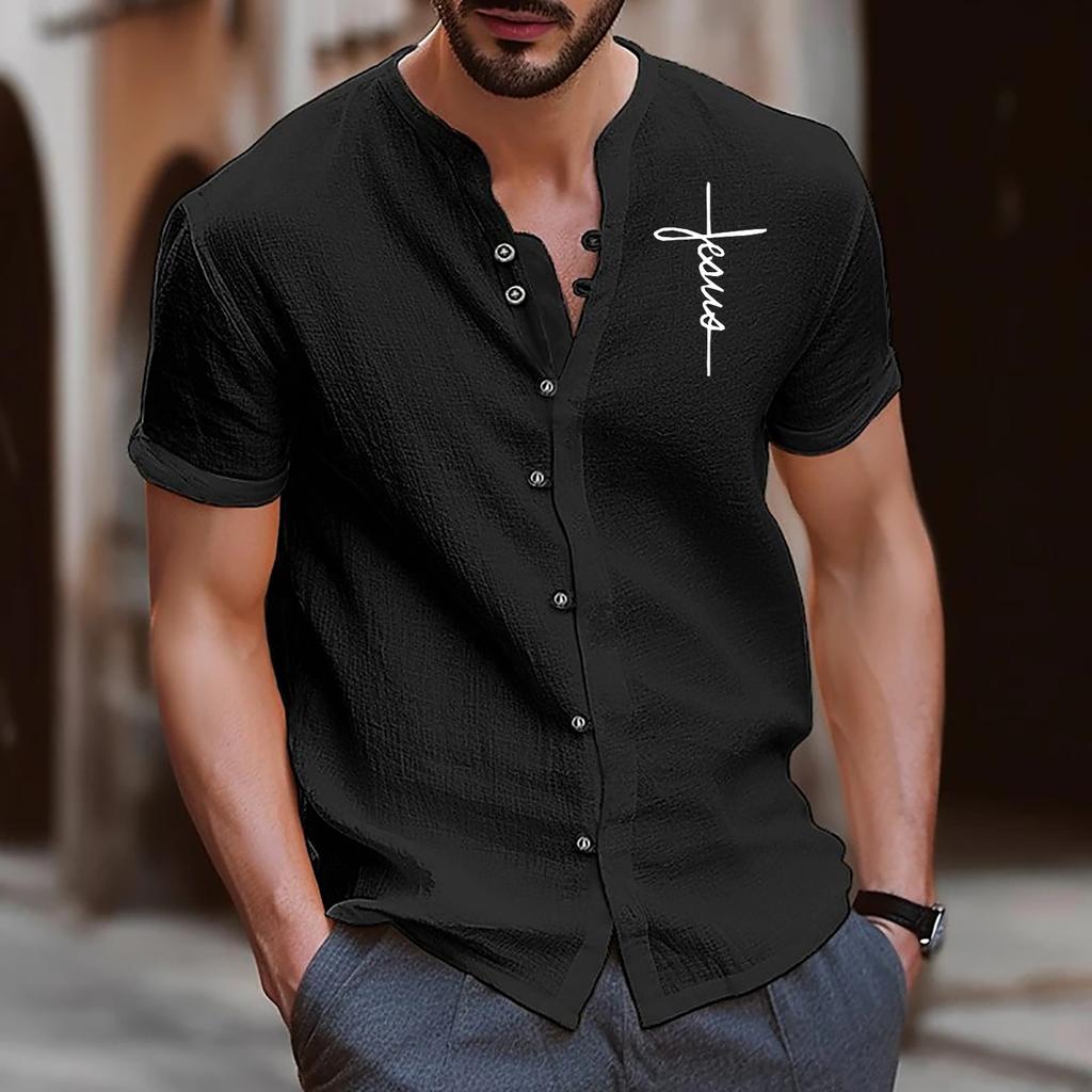 Cotton Blouse Beach Style Top Man Short Sleeved Stand Up Collar Letters Printed Retro Slim Fit Men's Casual Shirts