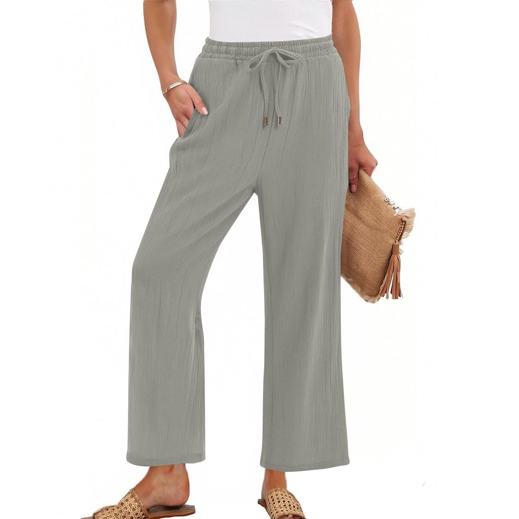 Women's High Waist Adjustable Knot Flowy Cotton And Linen Trousers Wide Leg Pants