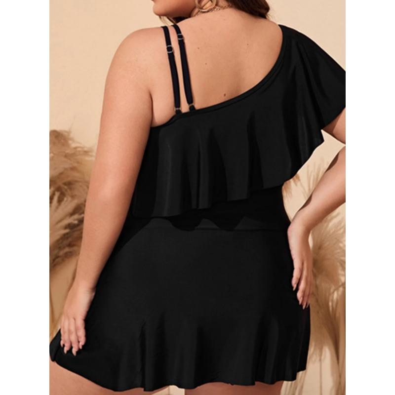2025 Black Tankini Swimwear Women Plus Size Two Pieces Swimsuit Ladies Big One Shoulder Ruffle Tankini Bathing Suit