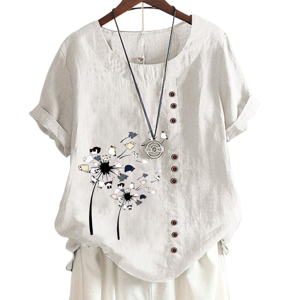 Women's Cotton Casual Top with 6 Butterfly Plant Print Patterns, Round Neck, Short Sleeves