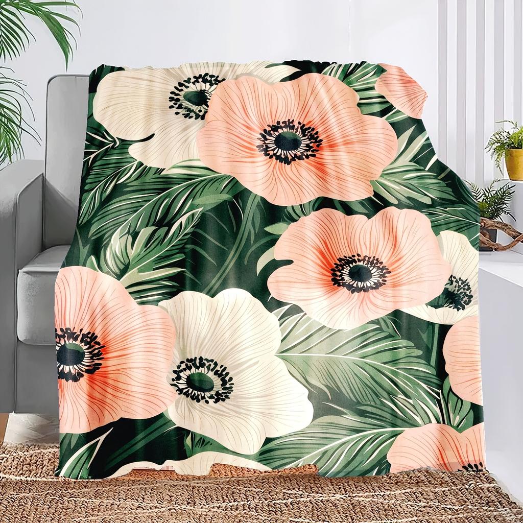 1pc, Contemporary Floral Print Flannel Fleece Throw Blanket, 100% Polyester, Tear Resistant, All Seasons, Digital Print, 200-250