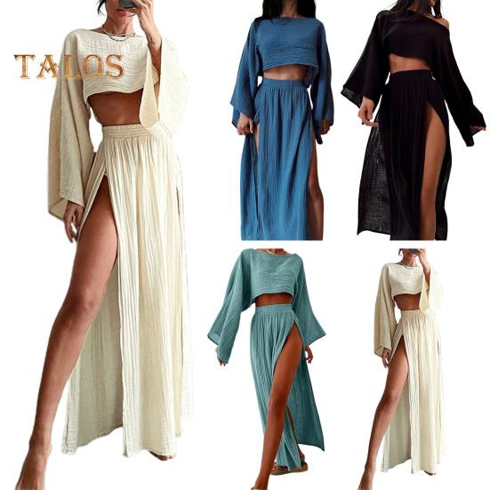 2 шт./компл. женский укороченный топ с юбкой, комплект с длинным рукавом, наклонным вырезом, короткий топ с высокой талией, разделенная юбка, сплошной цвет, пляжное бикини для отдыха, клубный вечерние топ