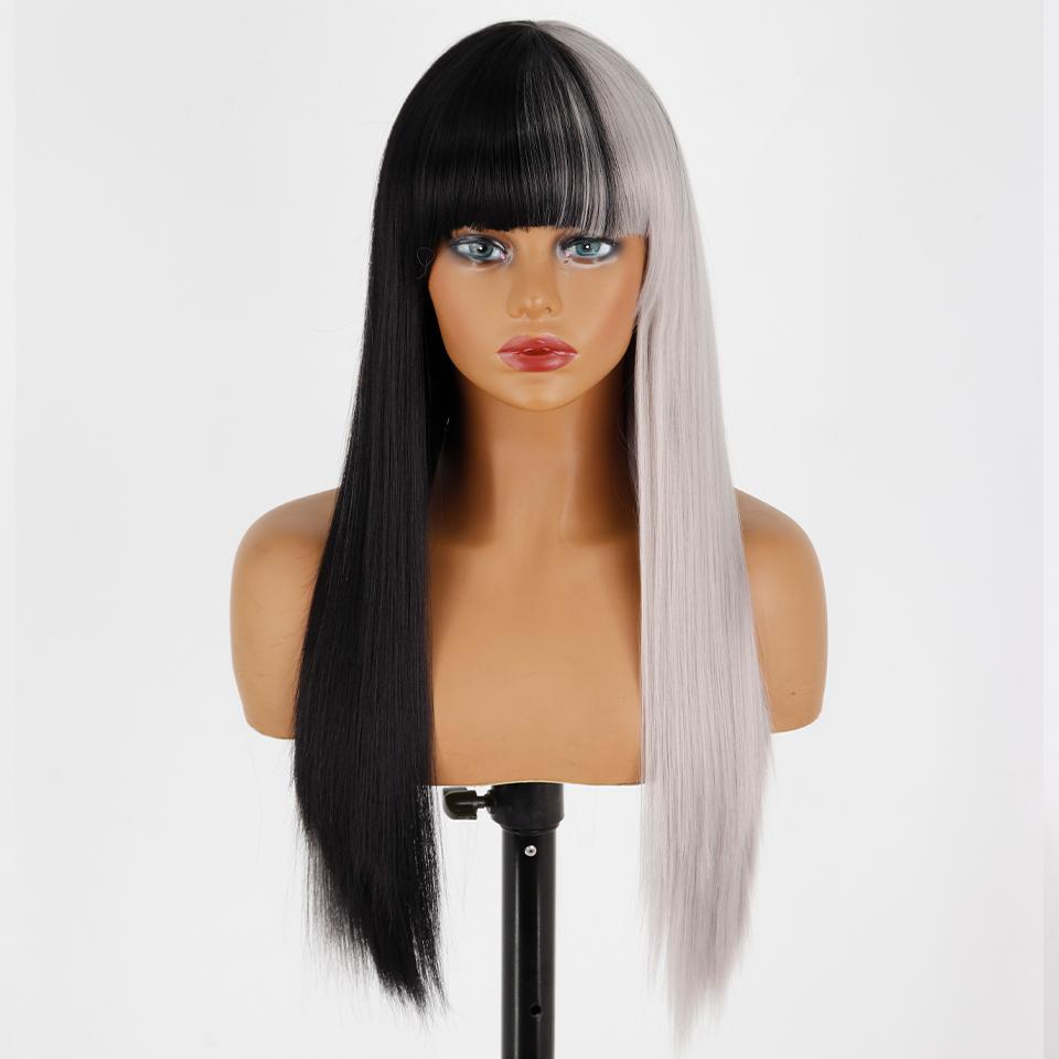 MISS WIG Women Fashion Long Straight Light Blonde Color Wig with Blunt Bangs Synthetic Fiber Daily Wear Long Straight Wig