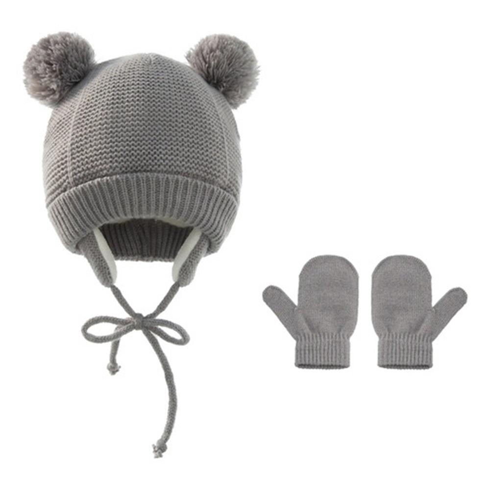 2 Pcs Children's Knitted Hats + Gloves Solid Color Wint,a44