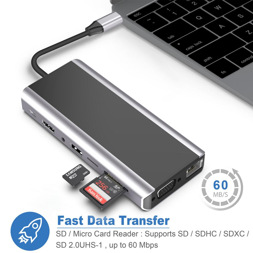 USB 3.0 Type-C Хаб 15 Портов для 2.0 Поддержка SD-карты Скорость Передачи Данных 5 Гбит/с Беспроводная Зарядка Алюминиевый Сплав Электрический Запас