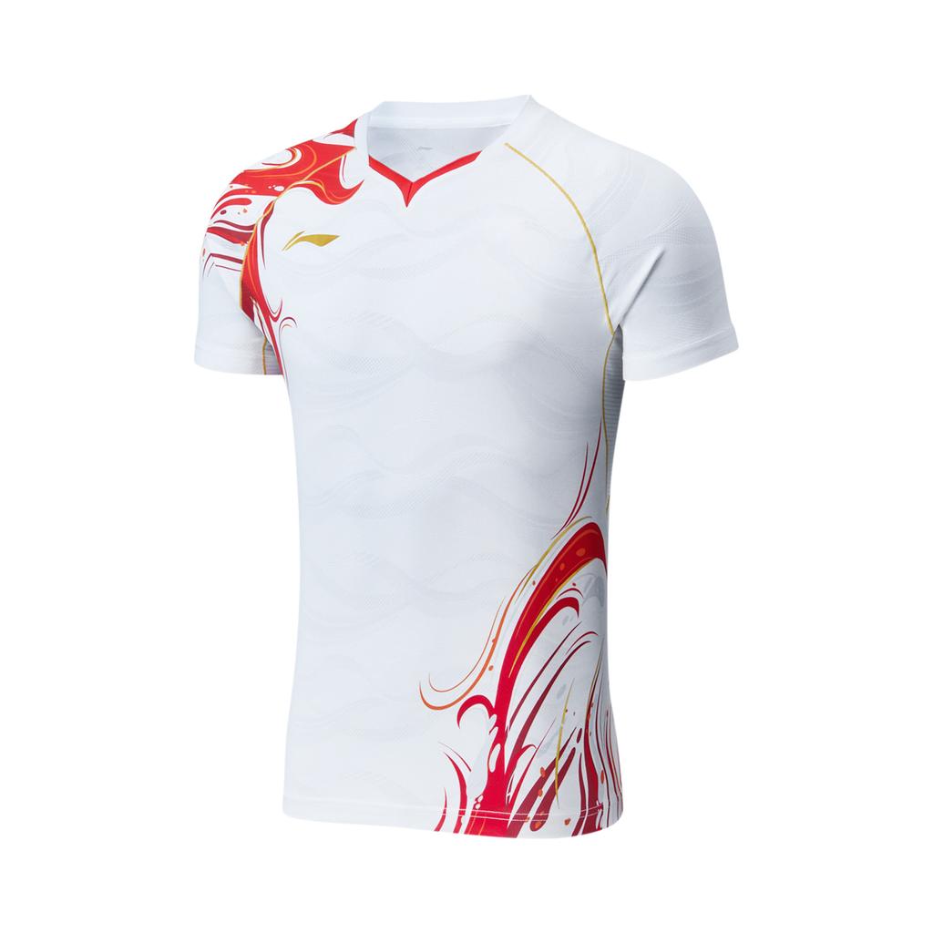 Li-Ning Футболка для бадминтона с коротким рукавом и V-образным вырезом, цвет «цветной блок», унисекс, стандартный белый AAYU229-2