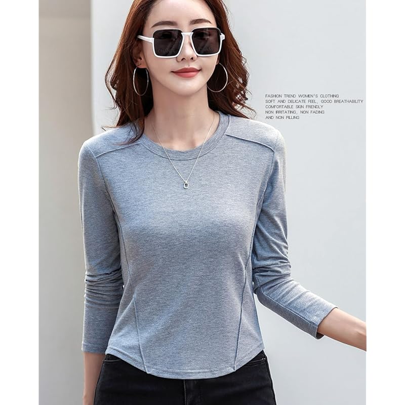 [OKJCON] ladies t-shirt long sleeve spring Plain color casual Fashionable large size (JP, alphabet, L, gray)
