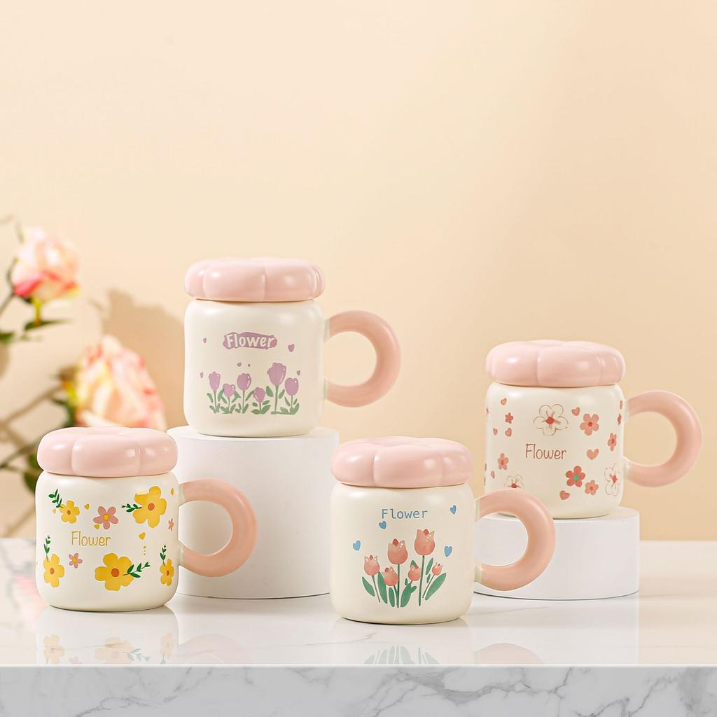 Бытовая свежая керамическая кружка с крышкой в виде тюльпана, маленькая кружка в виде цветка, милая девушка, высокая кружка для воды, подарок