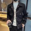 Men Jacket Lapel Long Sleeve Flap Pockets Single Breasted Jacket Coat Solid Color Striped Jacquard Pattern Outwear